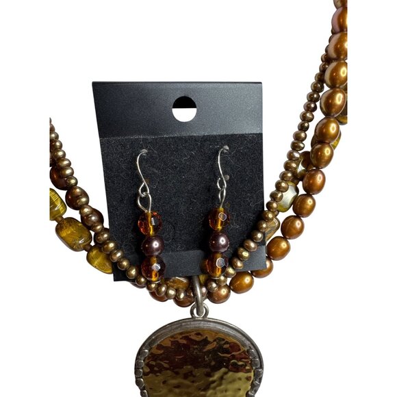 Silpada Multi-Strand Tiger Eye Beaded Necklace & Earrings Set With Amber Pendant - Picture 5 of 7